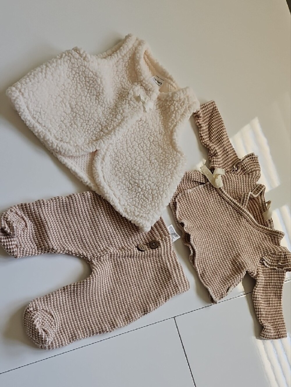 Baby Girl Kimono Brown Knit Neutral Fall Waffle Set 0/3m